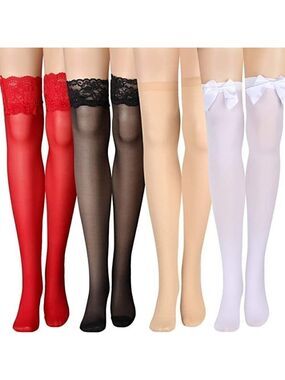 SILK Thigh High Stockings Women Lace Silicone Socks Satin Bow Top Sexy NWT